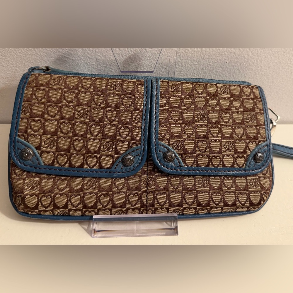 Brighton wallet brown and tan heart canvas with teal leather trim.